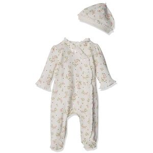 Little Me Baby Girls' Cotton Footie and Hat, Ivory & Floral Print, 3 months